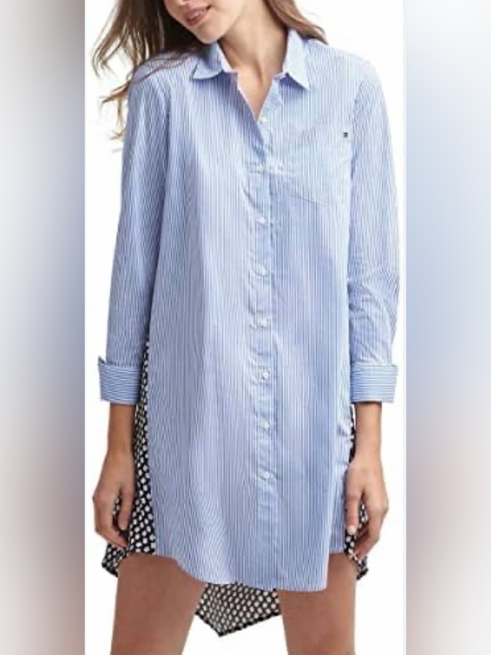 Tommy Hilfiger Striped Floral Contrast Button Down Tunic Shirt Dress L EUC